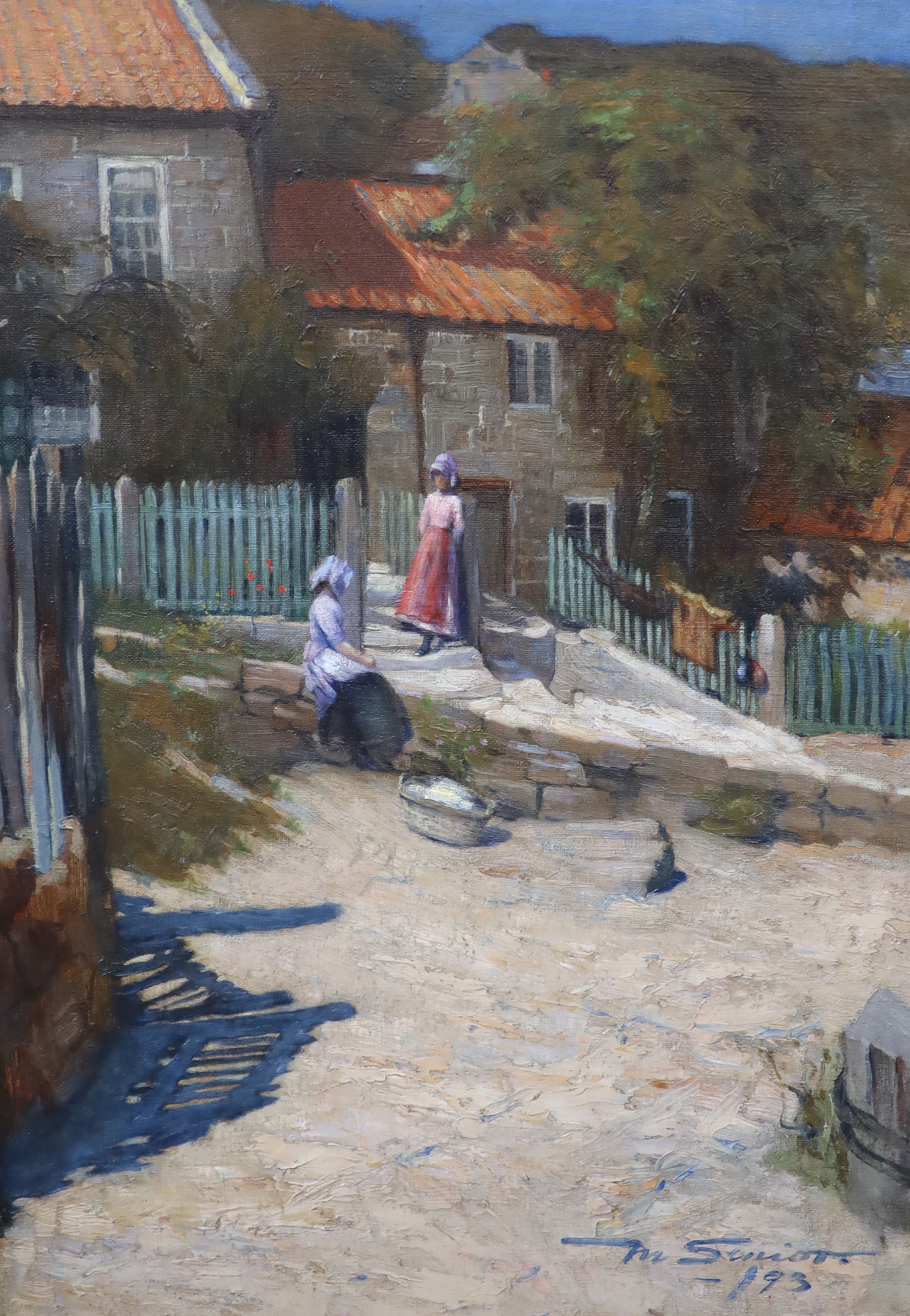 Mark Senior (1864-1927), Figures outside the artists cottage in Runswick Bay, Oil on canvas, 50 x 35cm.